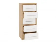 Seconique Seville White High Gloss and Oak 5 Drawer Tall Narrow Chest
