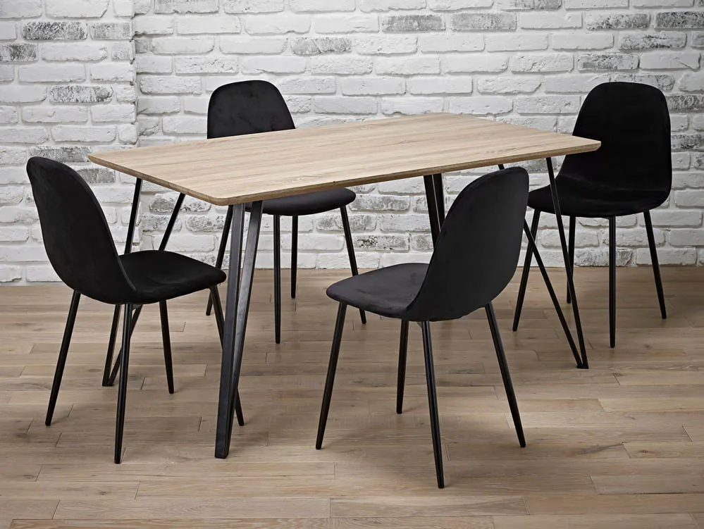 LPD LPD Genoa Light Oak 140cm Dining Table and 4 Black Velvet Chair Set