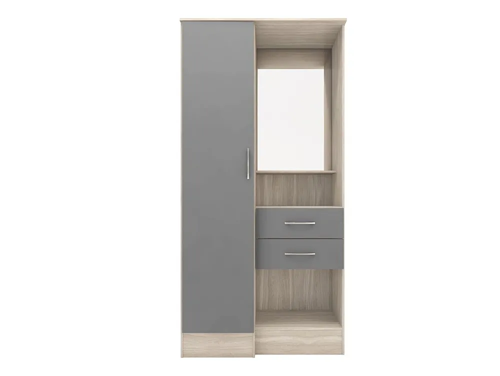 Seconique Seconique Nevada Grey Gloss and Oak 1 Door 2 Drawer Mirrored Wardrobe