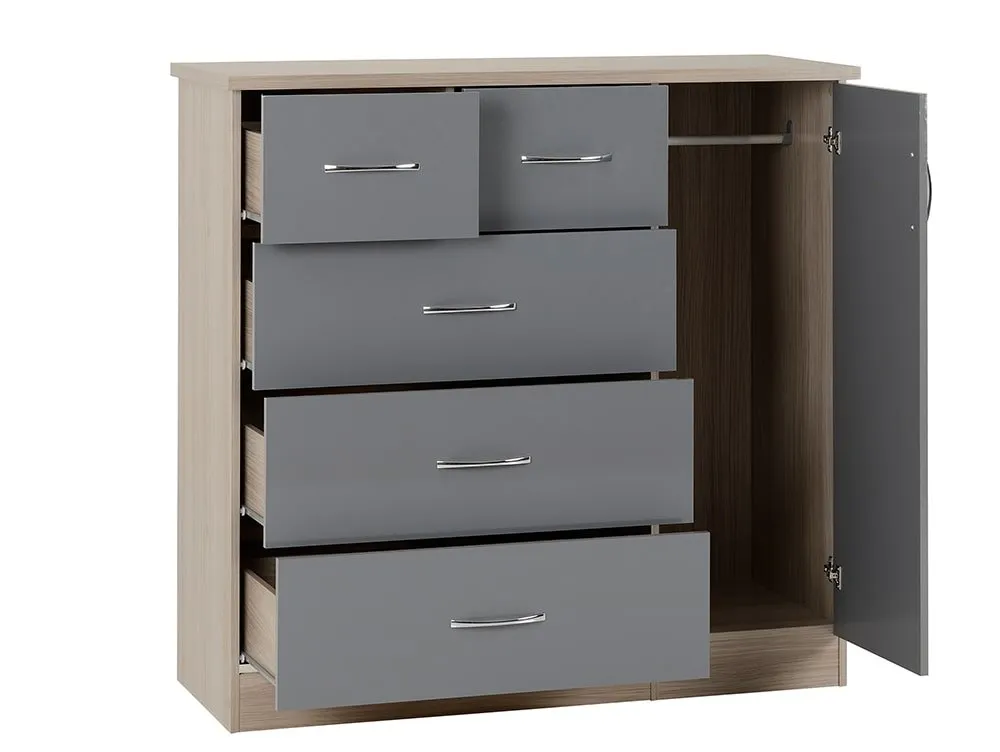 Seconique Seconique Nevada Grey Gloss and Oak 1 Door 5 Drawer Chest of Drawers