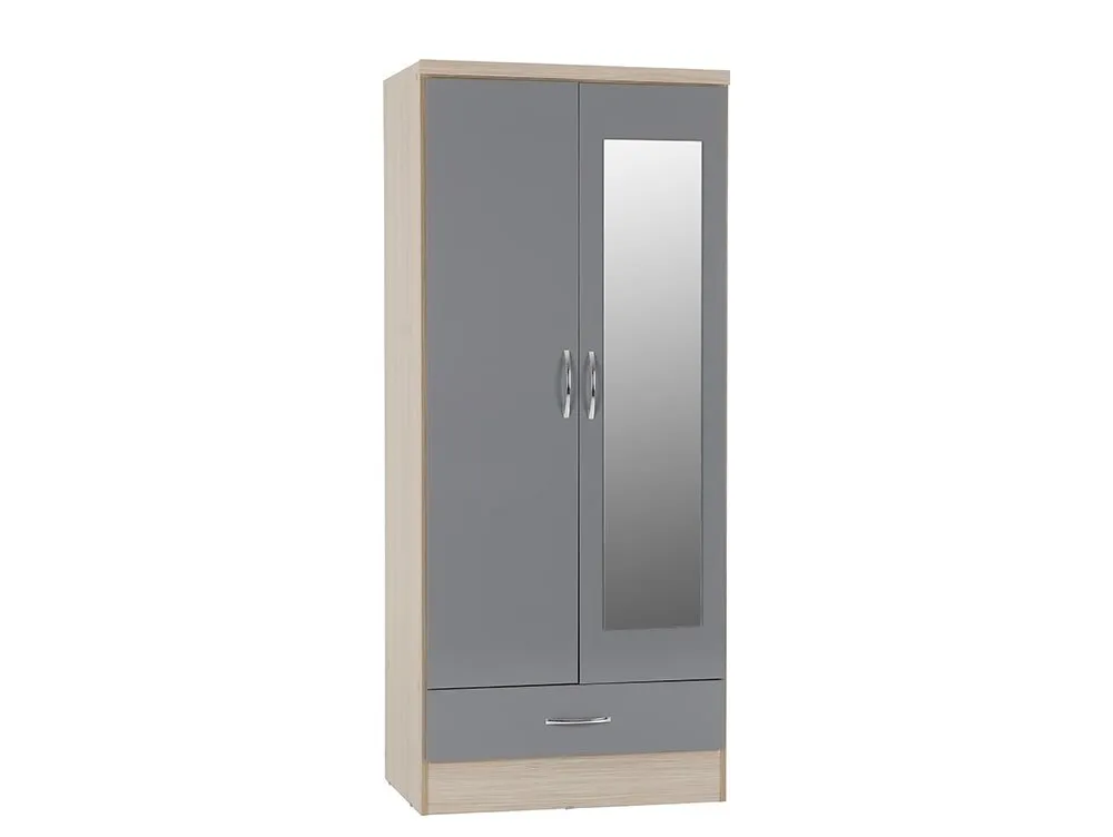 Seconique Seconique Nevada Grey Gloss and Oak 2 Door 1 Drawer Mirrored Wardrobe