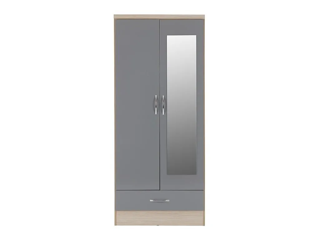 Seconique Seconique Nevada Grey Gloss and Oak 2 Door 1 Drawer Mirrored Wardrobe