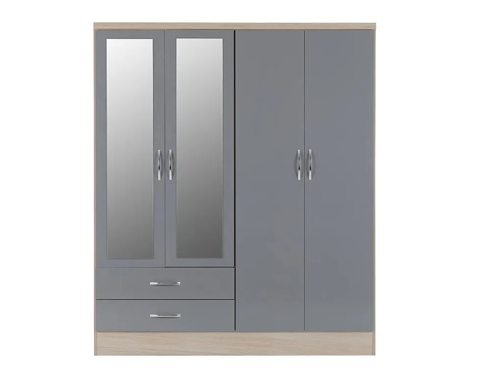 Seconique Seconique Nevada Grey Gloss and Oak 4 Door 2 Drawer Mirrored Wardrobe