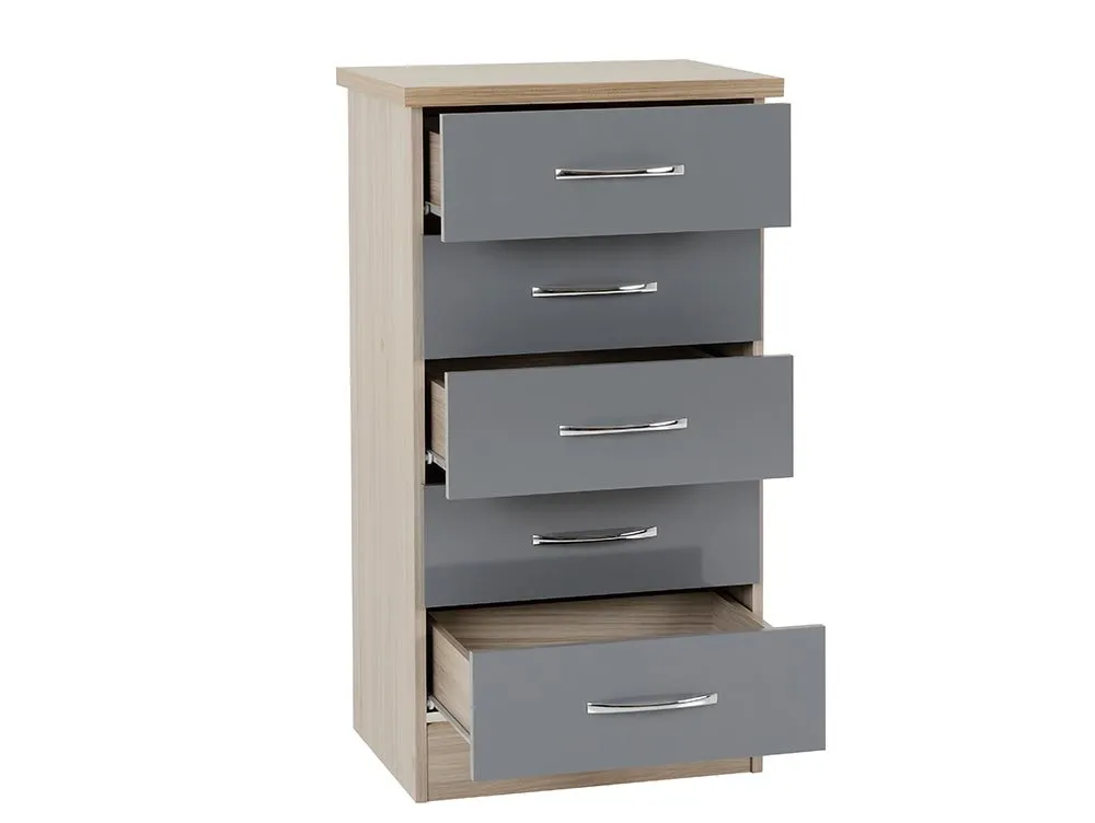 Seconique Seconique Nevada Grey Gloss and Oak 5 Drawer Chest of Drawers