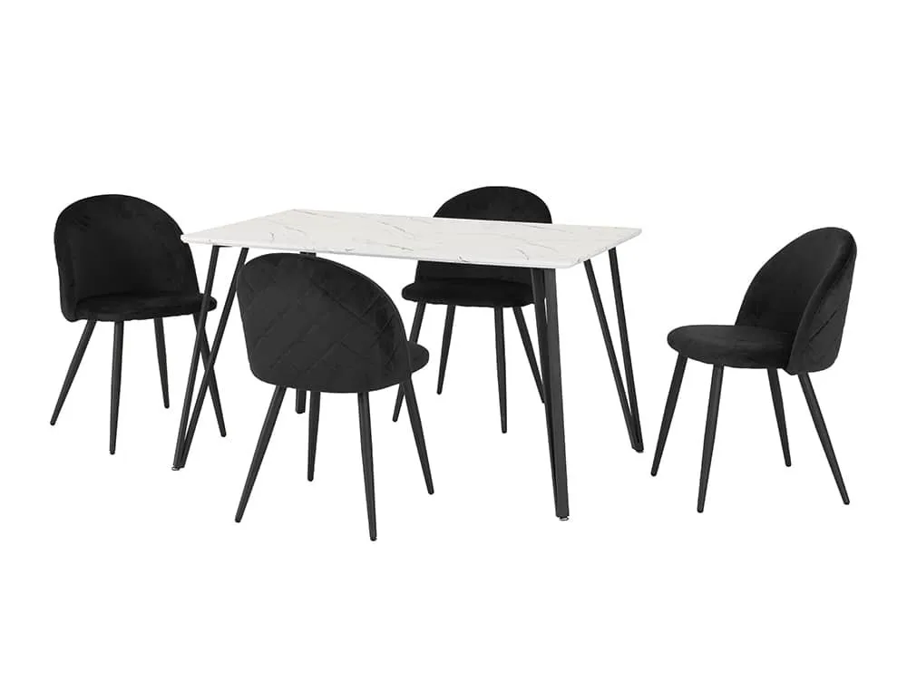 Seconique Seconique Marlow White Marble Effect Dining Table and 4 Black Velvet Chairs