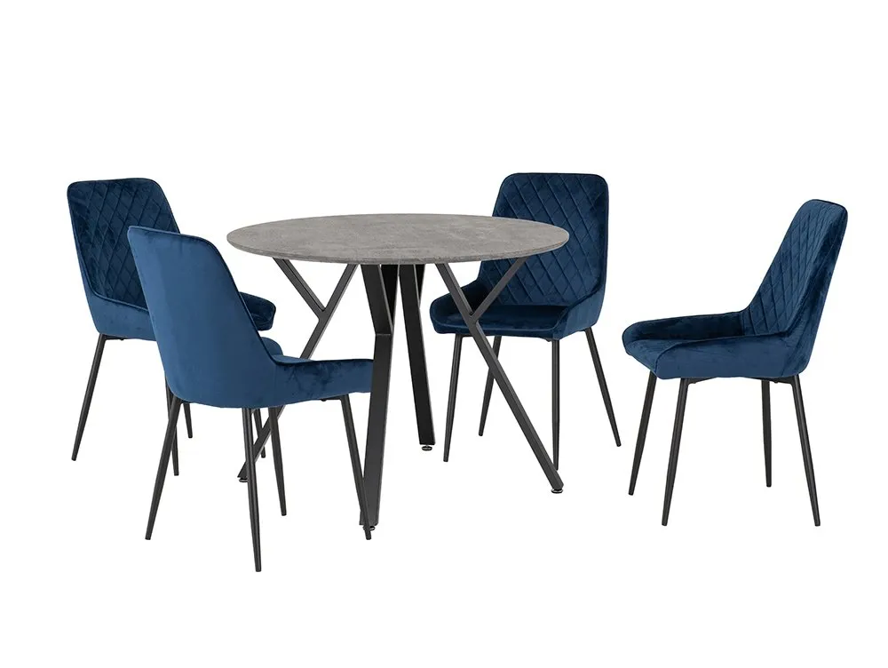 Seconique Seconique Athens Concrete Effect Round Dining Table with 4 Avery Blue Velvet Chairs