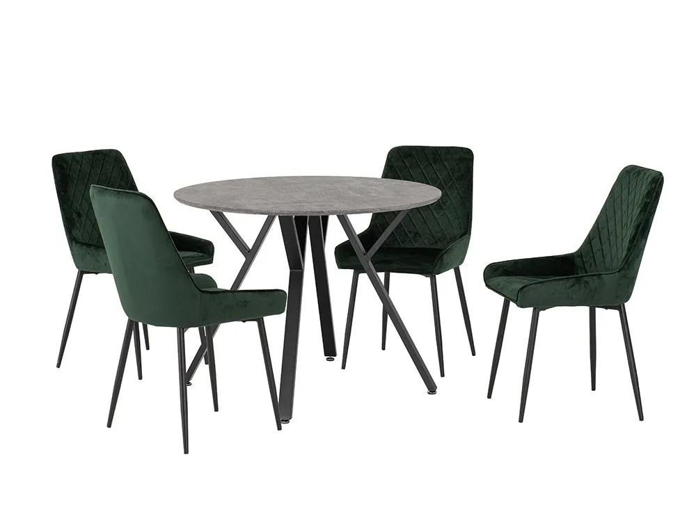Seconique Seconique Athens Concrete Effect Round Dining Table with 4 Avery Green Velvet Chairs