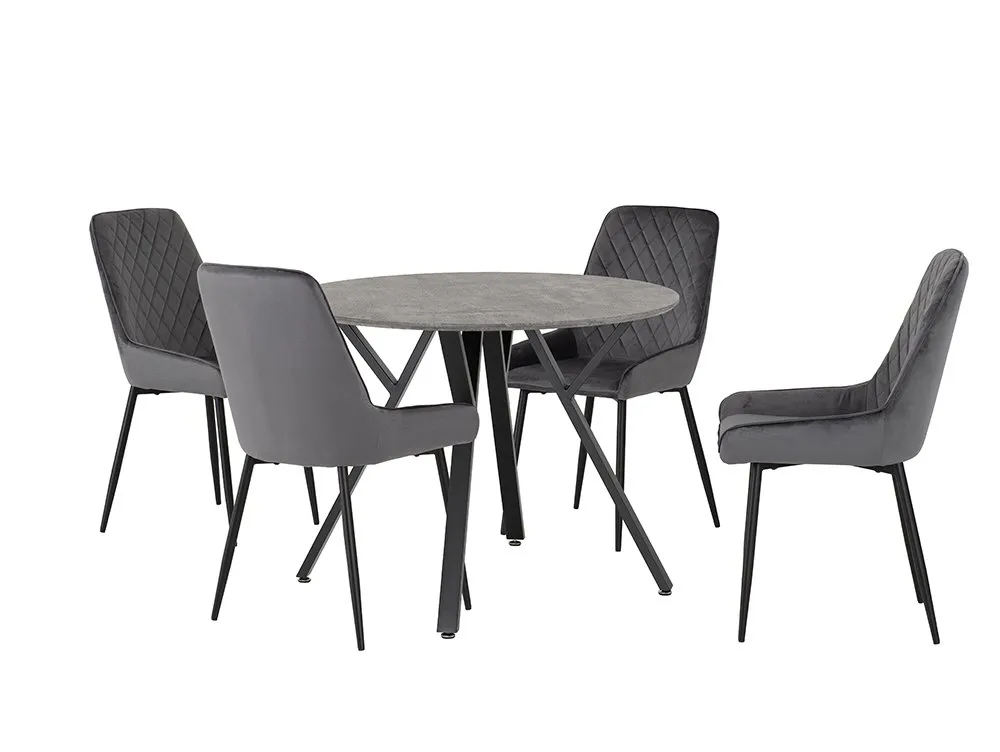 Seconique Seconique Athens Concrete Effect Round Dining Table with 4 Avery Grey Velvet Chairs