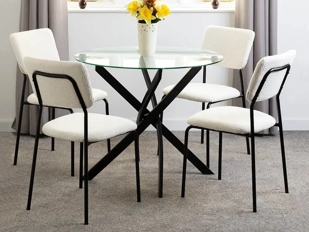 Seconique Seconique Sheldon Glass and Black Dining Table and 4 Ivory Boucle Fabric Chairs