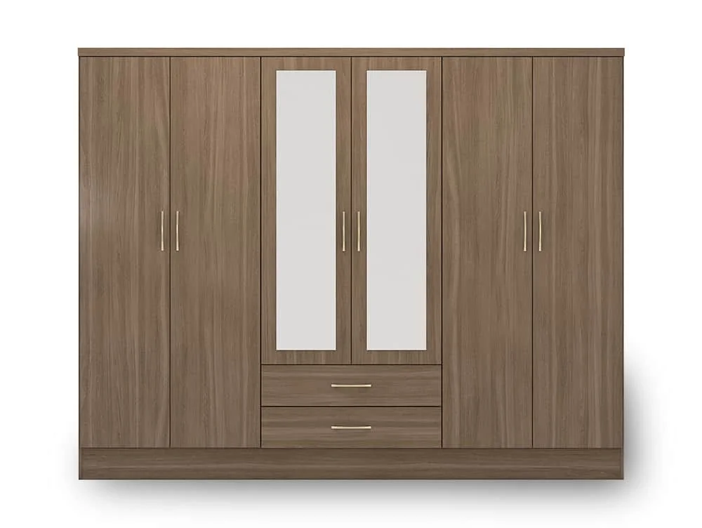 Seconique Seconique Nevada Rustic Oak 6 Door 2 Drawer Mirrored Wardrobe