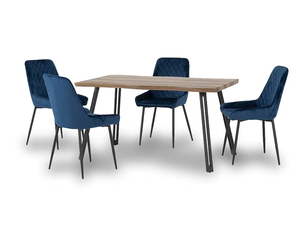 Seconique Seconique Quebec Wave Oak Effect Dining Table and 4 Avery Blue Velvet Chairs