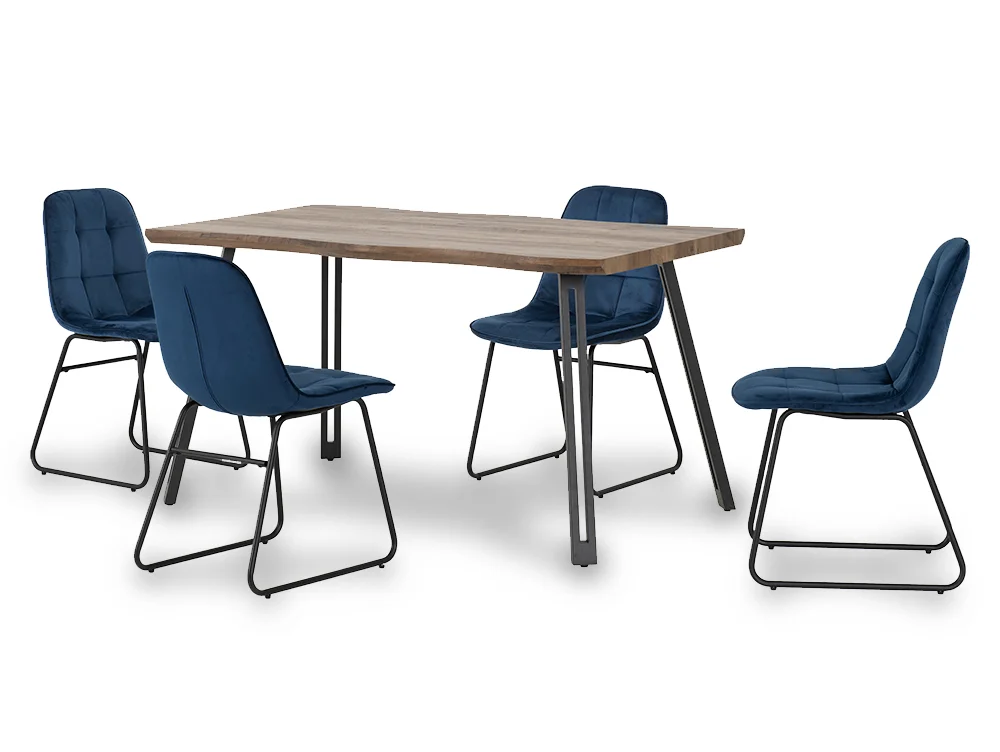 Seconique Seconique Quebec Wave Oak Effect Dining Table and 4 Lukas Blue Velvet Chairs
