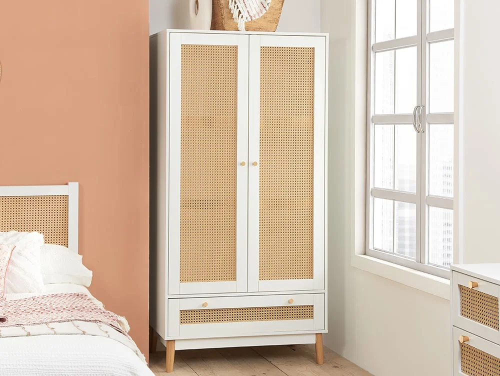 Birlea Furniture & Beds Birlea Croxley Rattan and White 2 Door 1 Drawer Wardrobe