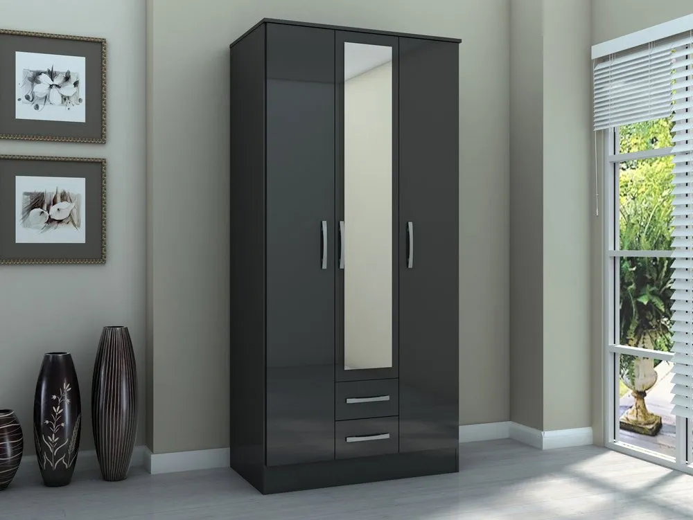 Birlea Furniture & Beds Birlea Lynx Black High Gloss 3 Door 2 Drawer Mirrored Triple Wardrobe