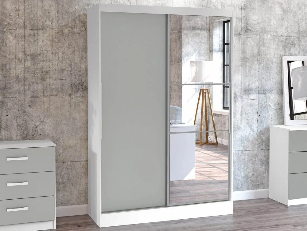 Birlea Furniture & Beds Birlea Lynx Grey High Gloss and White Sliding Door Mirrored Large Double Wardrobe