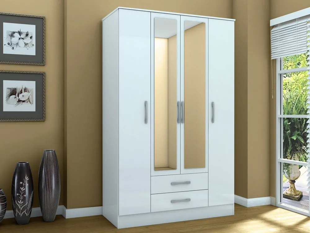 Birlea Furniture & Beds Birlea Lynx White 4 Door 2 Drawer Mirrored Large Wardrobe
