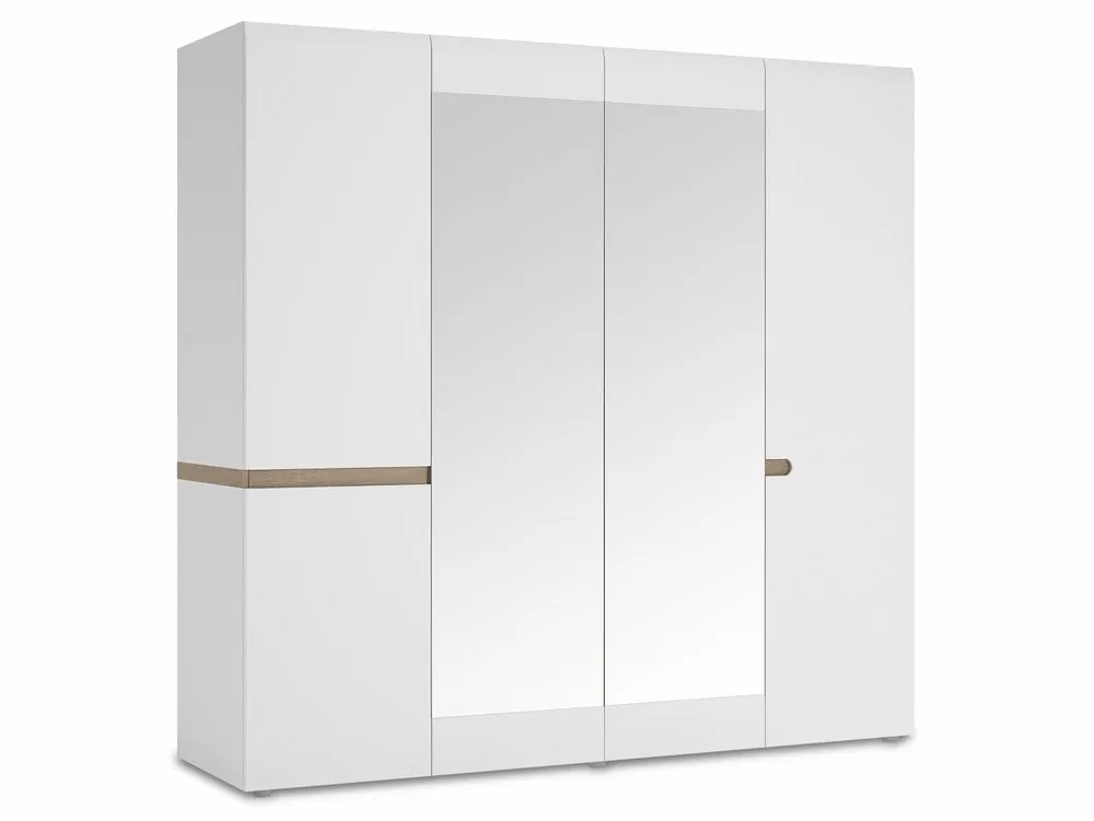 Furniture To Go Furniture To Go Chelsea White High Gloss and Oak 4 Door Mirrored Large Wardrobe