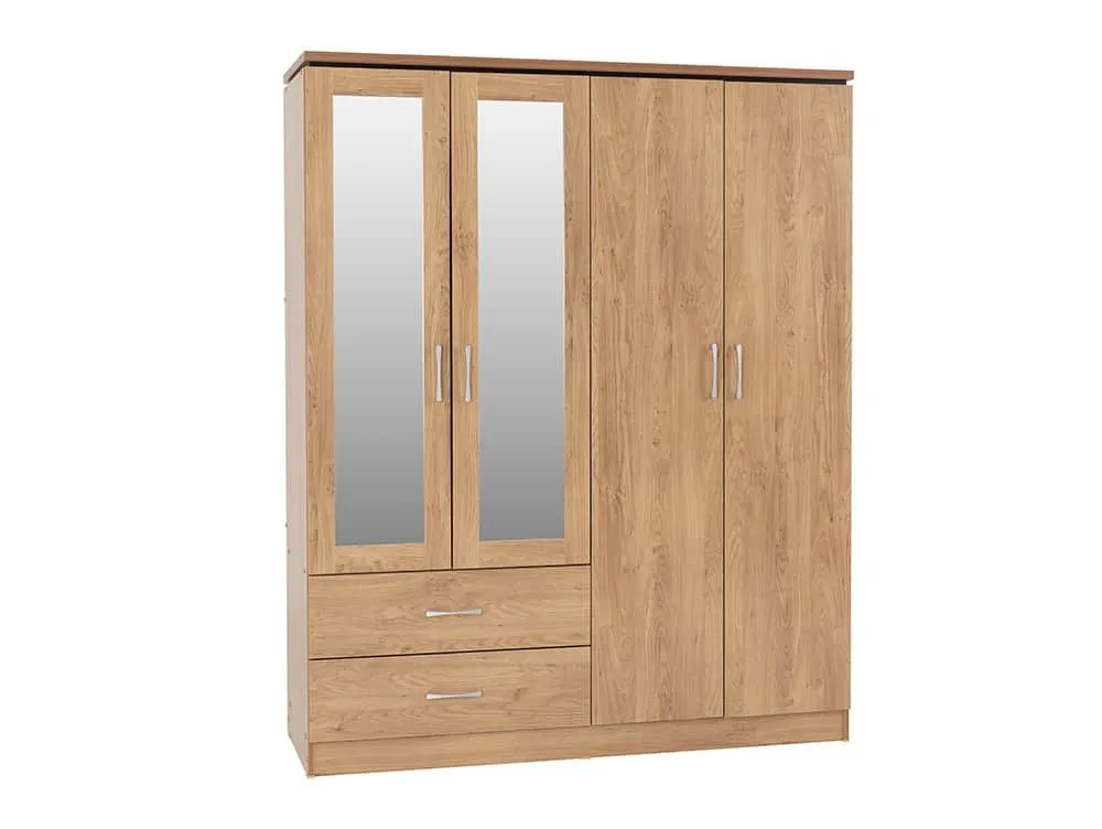 Seconique Seconique Charles Oak 4 Door 2 Drawer Mirrored Large Wardrobe