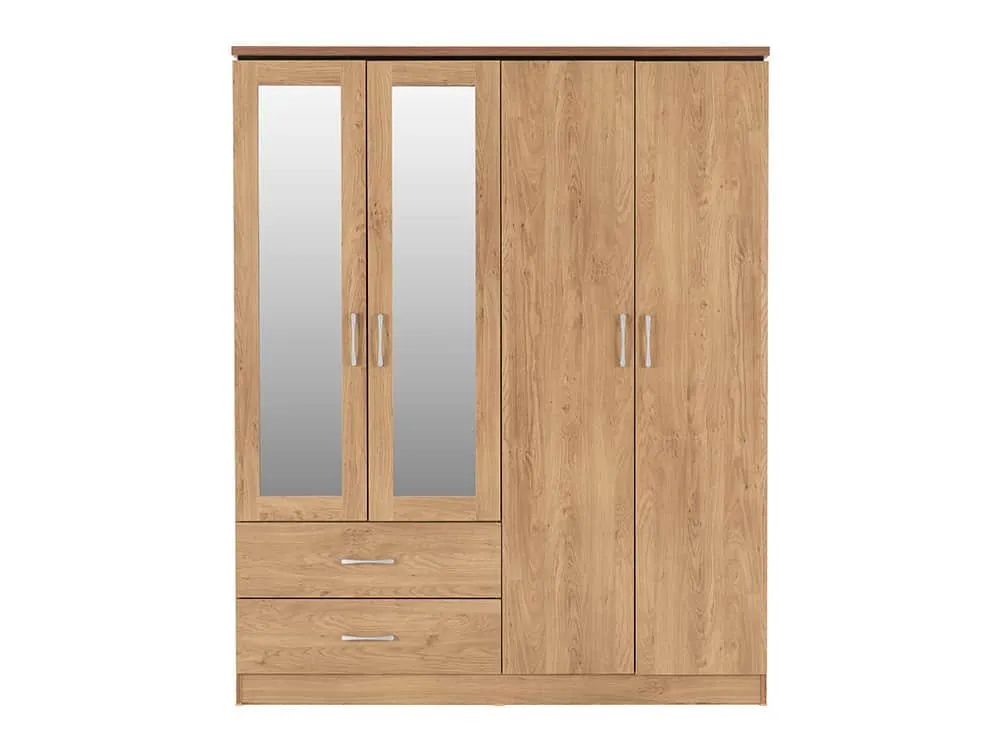 Seconique Seconique Charles Oak 4 Door 2 Drawer Mirrored Large Wardrobe