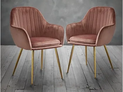 LPD Lara Set of 2 Vintage Pink Velvet and Gold Dining Chairs