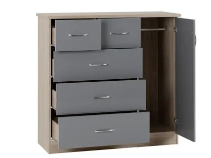 Seconique Nevada Grey Gloss and Oak 1 Door 5 Drawer Chest of Drawers