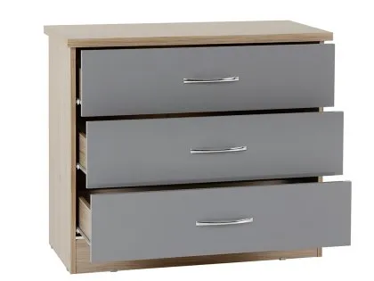 Seconique Nevada Grey Gloss and Oak 3 Drawer Low Chest of Drawers