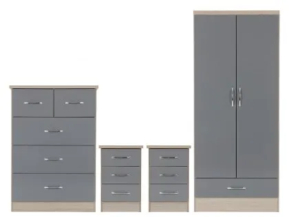 Seconique Nevada Grey Gloss and Oak 4 Piece Bedroom Furniture Package