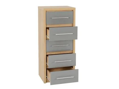 Seconique Seville Grey High Gloss and Oak 5 Drawer Tall Narrow Chest