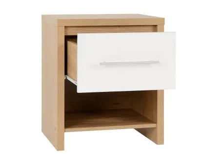 Seconique Seville White High Gloss and Oak 1 Drawer Bedside Table