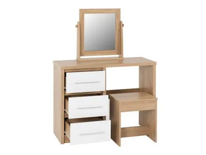 Seconique Seville White High Gloss and Oak 3 Drawer Dressing Table Set