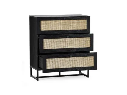 Julian Bowen Padstow Black and Rattan 3 Drawer Chest of Drawers