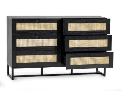 Julian Bowen Padstow Black and Rattan 6 Drawer Chest of Drawers