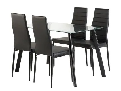 Seconique Abbey Glass Dining Table and 4 Black Faux Leather Chairs