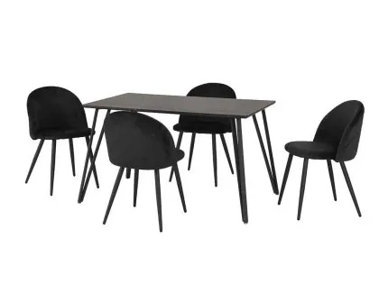 Seconique Marlow Black Marble Effect Dining Table and 4 Black Velvet Chairs