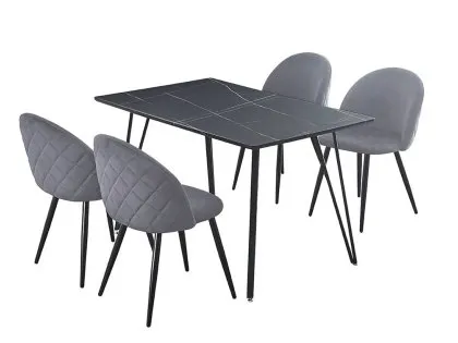 Seconique Marlow Black Marble Effect Dining Table and 4 Grey Velvet Chairs