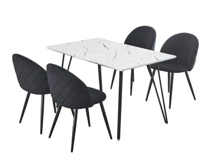 Seconique Marlow White Marble Effect Dining Table and 4 Black Velvet Chairs