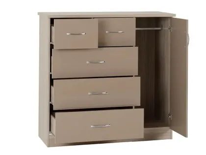 Seconique Nevada Oyster Gloss and Oak 1 Door 5 Drawer Chest of Drawers