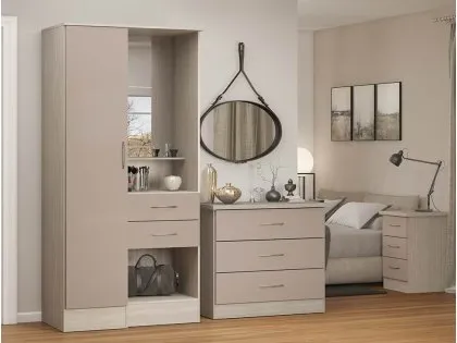 Seconique Nevada Oyster Gloss and Oak 1 Door 2 Drawer Mirrored Wardrobe