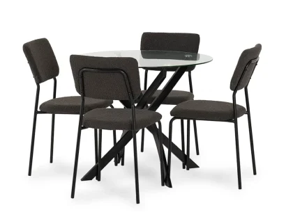 Seconique Sheldon Glass and Black Dining Table and 4 Grey Boucle Fabric Chairs