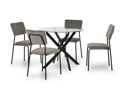 Seconique Sheldon Glass and Black Dining Table and 4 Grey Velvet Chairs