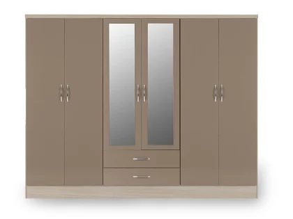 Seconique Nevada Oyster Gloss and Oak 6 Door 2 Drawer Mirrored Wardrobe