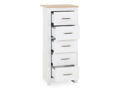 Seconique Portland White and Oak 5 Drawer Tall Narrow Chest of Drawers