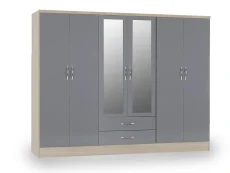 Seconique Seconique Nevada Grey Gloss and Oak 6 Door 2 Drawer Mirrored Wardrobe