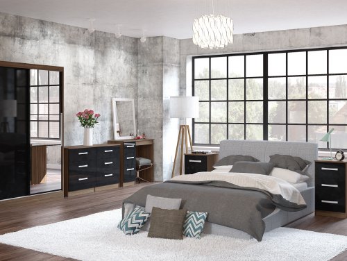 Birlea Lynx Black High Gloss and Walnut Flat Packed Bedroom Furniture