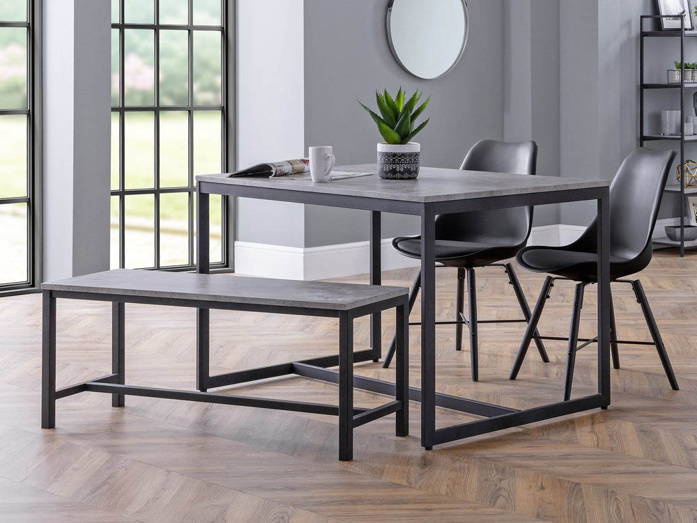 Julian Bowen Julian Bowen Staten 120cm Concrete Effect Dining Table with 2 Kari Black Chairs and Bench Set