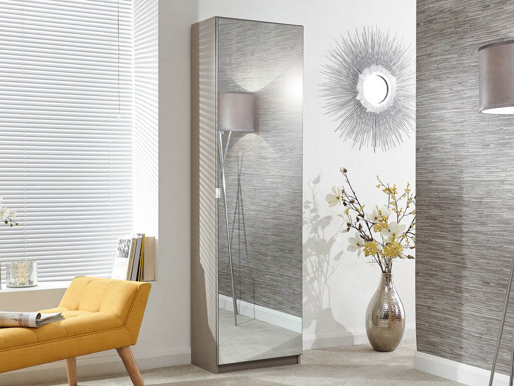 GFW GFW Rhone 180cm Grey Shoe Cabinet with 1 Mirrored Door (Flat Packed)
