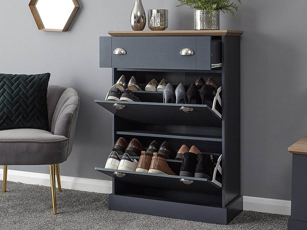 GFW GFW Kendal Deluxe Slate Blue and Oak 2 Door 1 Drawer Shoe Cabinet (Flat Packed)