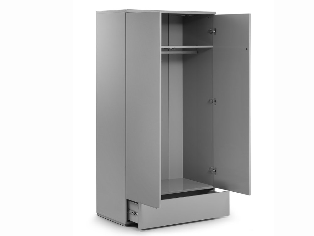 Julian Bowen Julian Bowen Monaco Grey High Gloss 2 Door 1 Drawer Wardrobe (Flat Packed)