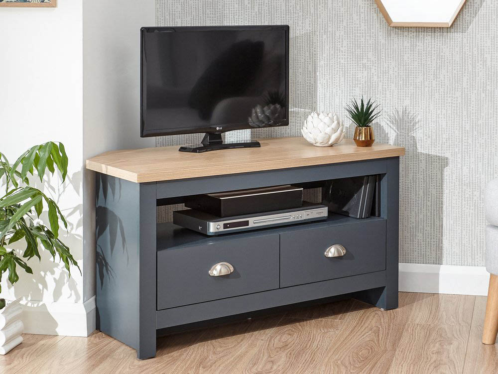 GFW GFW Lancaster Slate Blue and Oak 2 Drawer Corner TV Cabinet (Flat Packed)