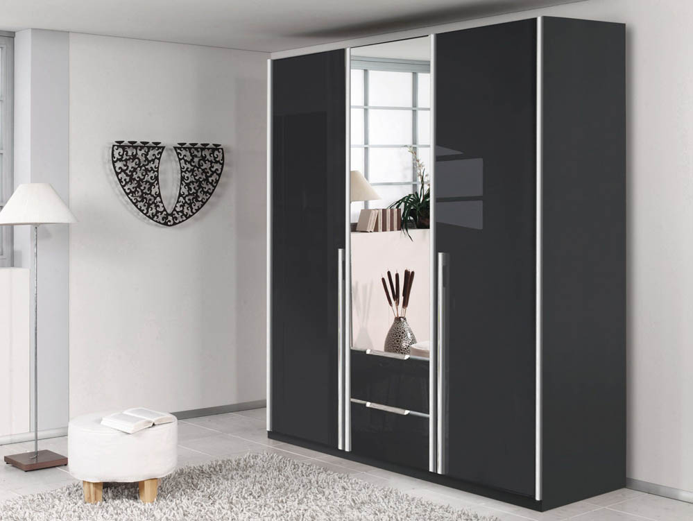 Rauch Rauch Esme 136cm Metallic Grey and Basalt Glass 3 Door 2 Drawer Mirrored Triple Wardrobe (Flat Packe